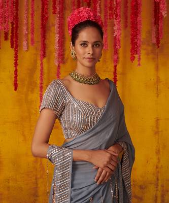 Grey Embroidered Draped Saree Set 4