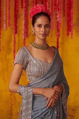 Grey Embroidered Draped Saree Set