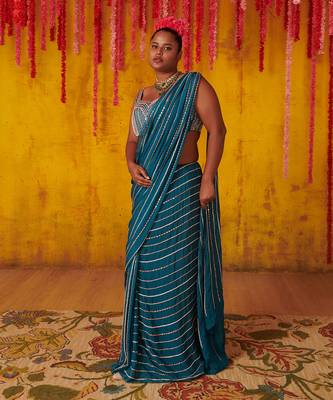 Teal Blue Embroidered Pre-Stitched Saree Set 1