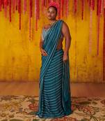 Teal Blue Embroidered Pre-Stitched Saree Set