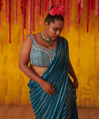 Teal Blue Embroidered Pre-Stitched Saree Set 2
