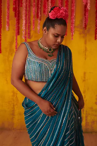 Teal Blue Embroidered Pre-Stitched Saree Set
