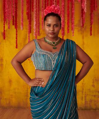 Teal Blue Embroidered Pre-Stitched Saree Set 3