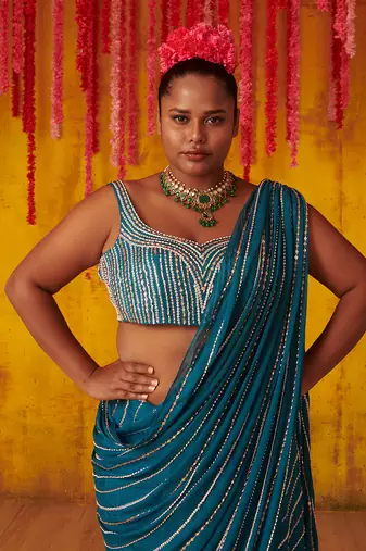 Teal Blue Embroidered Pre-Stitched Saree Set