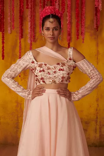 Light Pink Satin Organza Lehenga Set