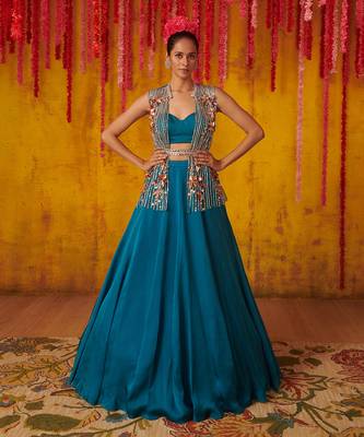 Crystal Teal Satin Organza Lehenga Set 1