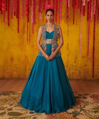 Crystal Teal Satin Organza Lehenga Set 2