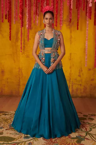 Crystal Teal Satin Organza Lehenga Set