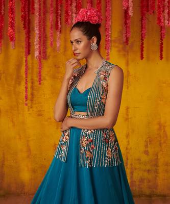 Crystal Teal Satin Organza Lehenga Set 3
