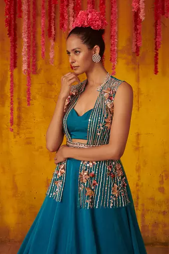 Crystal Teal Satin Organza Lehenga Set