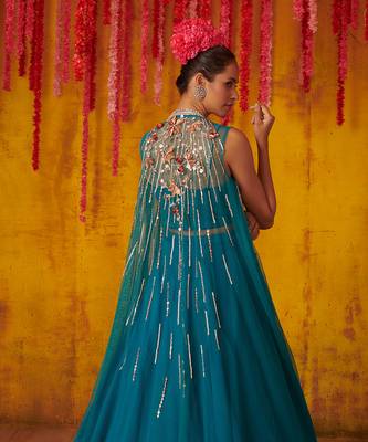 Crystal Teal Satin Organza Lehenga Set 4