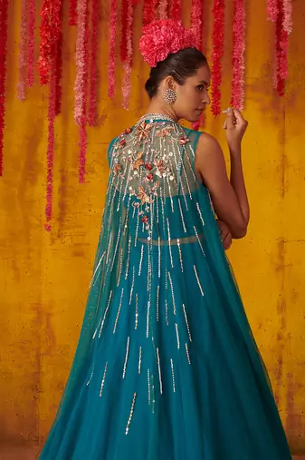 Crystal Teal Satin Organza Lehenga Set
