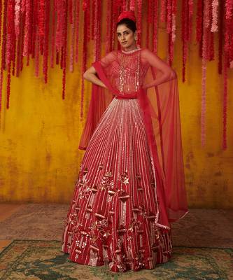 Ruby Red Embroidered Lehenga Set 1