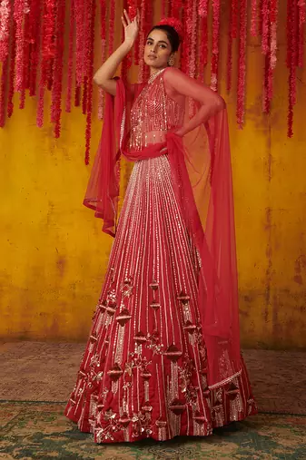 Ruby Red Embroidered Lehenga Set