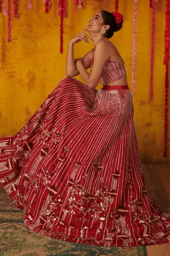 Ruby Red Embroidered Lehenga Set