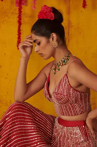Ruby Red Embroidered Lehenga Set