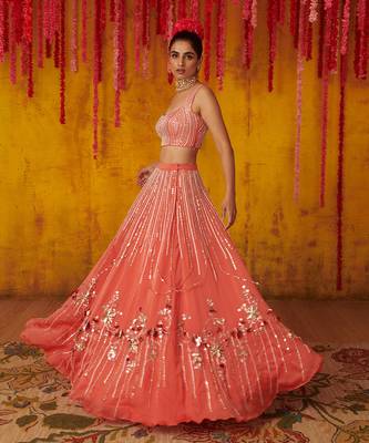 Coral Embroidered Lehenga Set 1