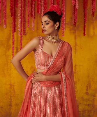 Coral Embroidered Lehenga Set 2