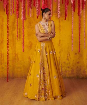 Mustard Embroidered Paneled Lehenga Set 2