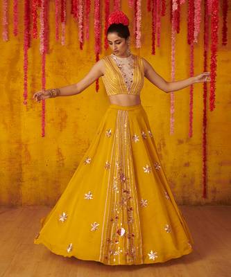 Mustard Embroidered Paneled Lehenga Set 1
