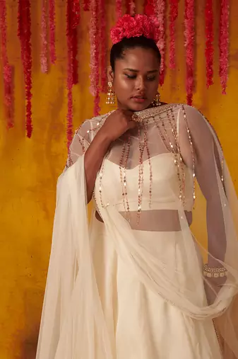 White Satin Organza Lehenga Set