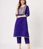 Blue embroidered art silk ethnic-kurtis