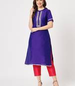 Blue embroidered art silk ethnic-kurtis