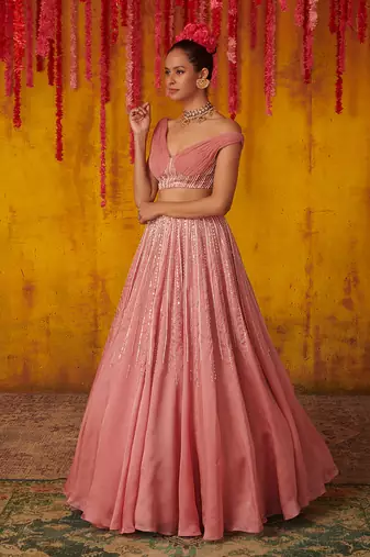 Onion Pink Embroidered Lehenga Set