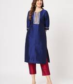 Blue embroidered art silk ethnic-kurtis
