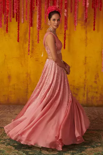 Onion Pink Embroidered Lehenga Set