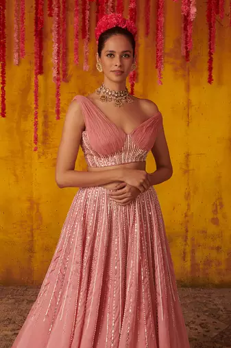 Onion Pink Embroidered Lehenga Set