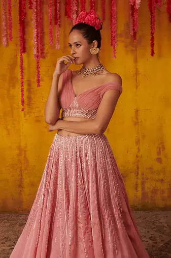 Onion Pink Embroidered Lehenga Set
