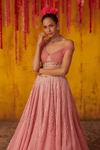 Onion Pink Embroidered Lehenga Set