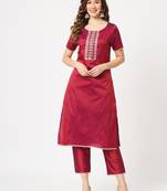 Maroon embroidered art silk ethnic-kurtis