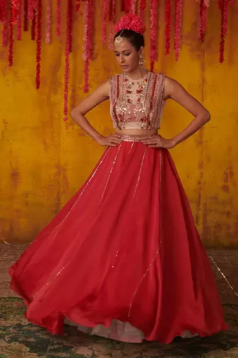 Ruby Red Silk Lehenga Set
