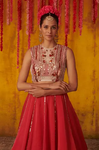 Ruby Red Silk Lehenga Set