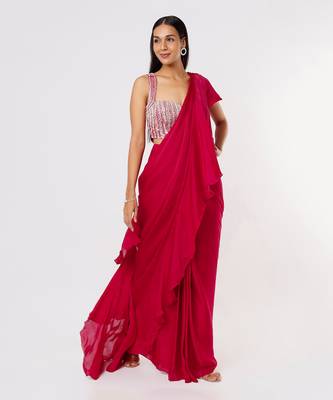 HOT PINK RUFFLE SAREE 1