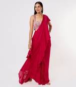 HOT PINK RUFFLE SAREE
