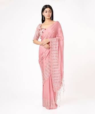 ONION PINK EMBROIDERED TASSEL SAREE WITH EMBROIDERED BLOUSE 1