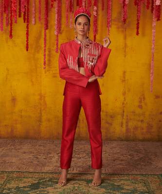 Ruby Red Embroidered Pant Set 1