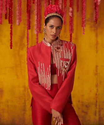 Ruby Red Embroidered Pant Set 3