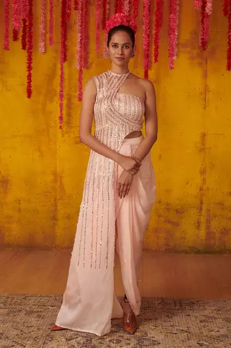 Light Pink Satin Organza Dhoti Set