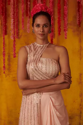 Light Pink Satin Organza Dhoti Set