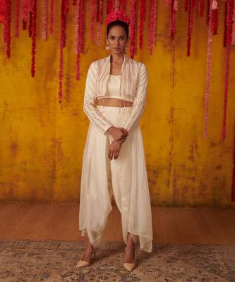 White Satin Organza Embroidered Jacket Dhoti Pant Set 1