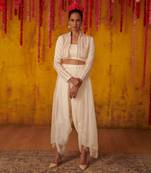 White Satin Organza Embroidered Jacket Dhoti Pant Set