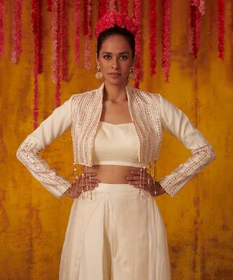 White Satin Organza Embroidered Jacket Dhoti Pant Set 2