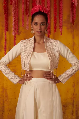 White Satin Organza Embroidered Jacket Dhoti Pant Set