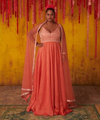 Coral Orange Embellished Anarkali Set 1