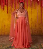 Coral Orange Embellished Anarkali Set
