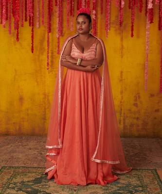 Coral Orange Embellished Anarkali Set 2